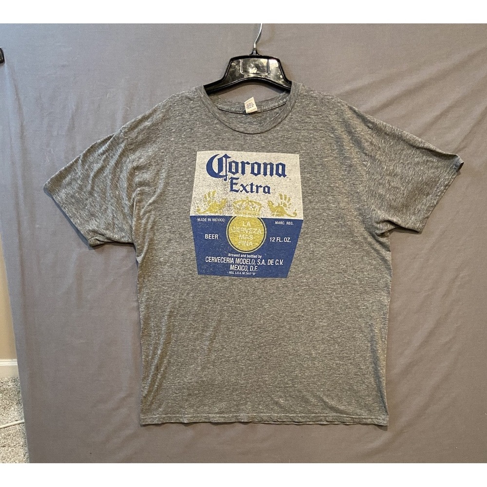 Corona Extra Graphic T-Shirt Mens XL Gray Short Sleeve Beer Label Distressed Tee